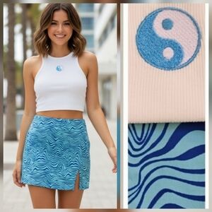 SHEIN Yin & Yang Embroidery Crop Tank & Wave Print Notched Hem Skirt Set Size S